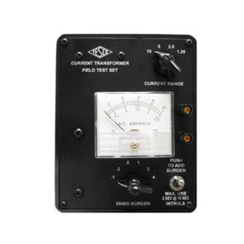 The amp current transformer burden test set is housed in a non-conducting black molded plastic case with white panel markings.